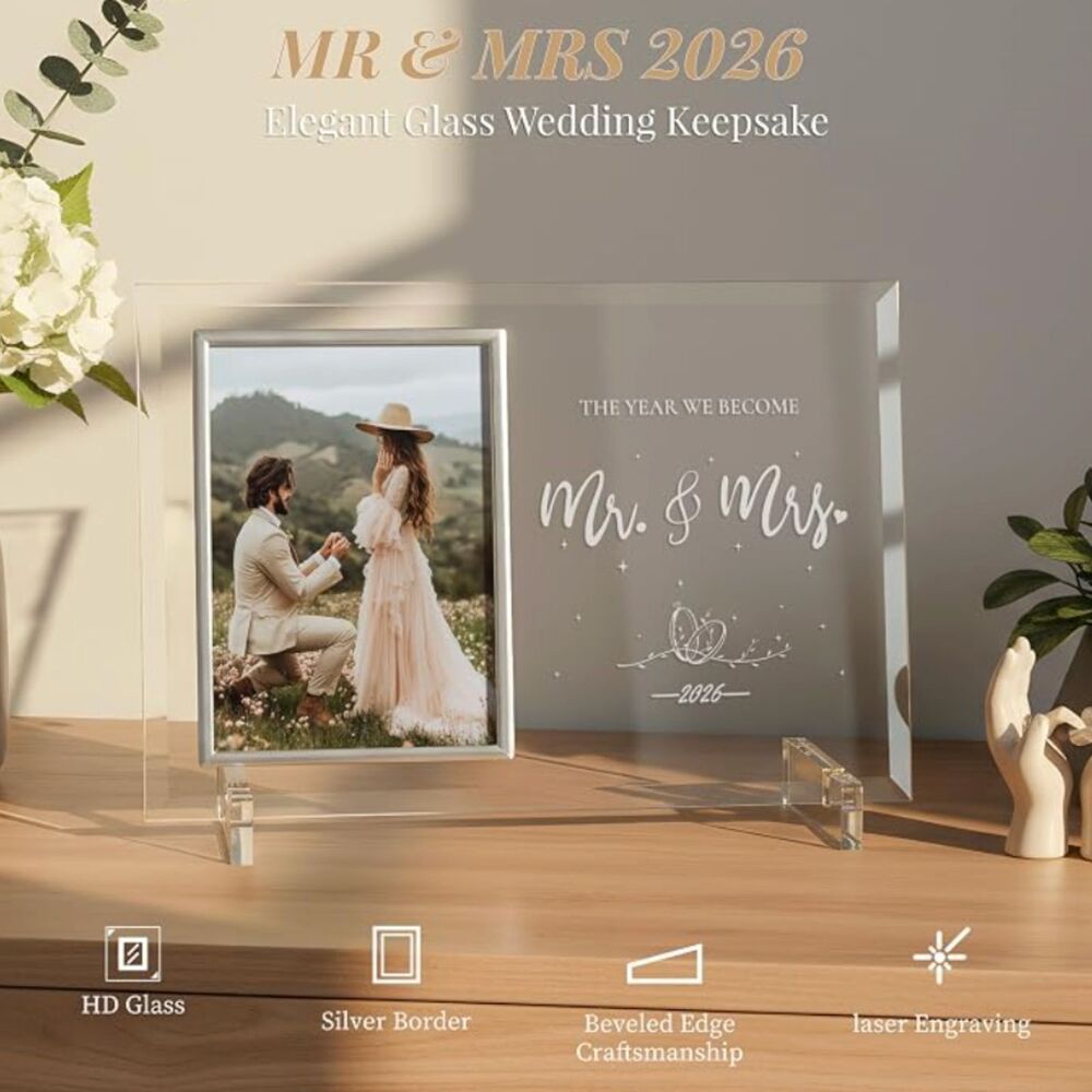 NIB Mr. & Mrs. 2026 Wedding 4x6 Glass Picture Frame Keepsake Engagement Gift